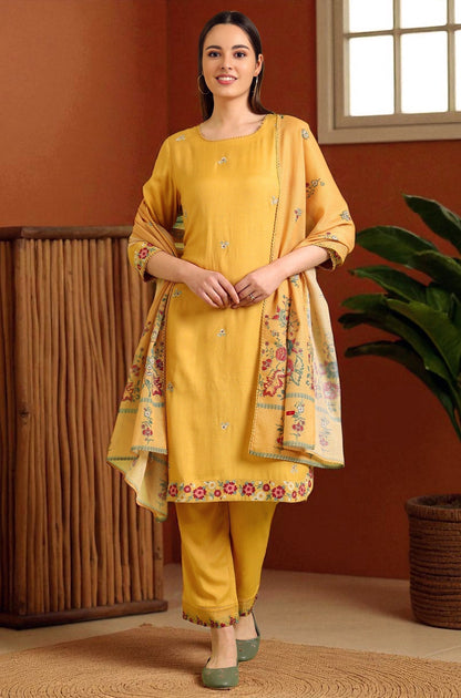 W for Woman Solid A-line Rayon Kurta & Straight Pant with Dupatta Set