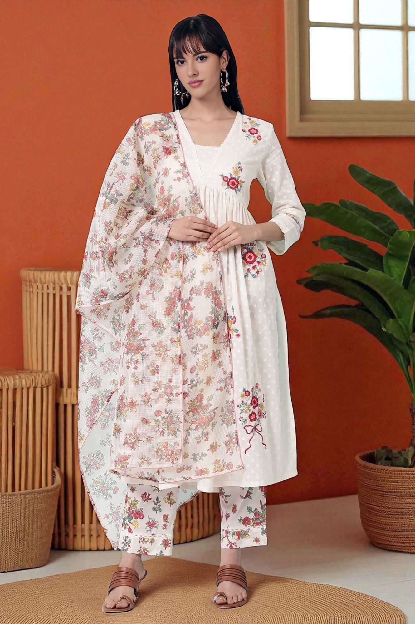 W for Woman White Floral Printed Textured Cotton Kurta, Pants and Dupatta Set