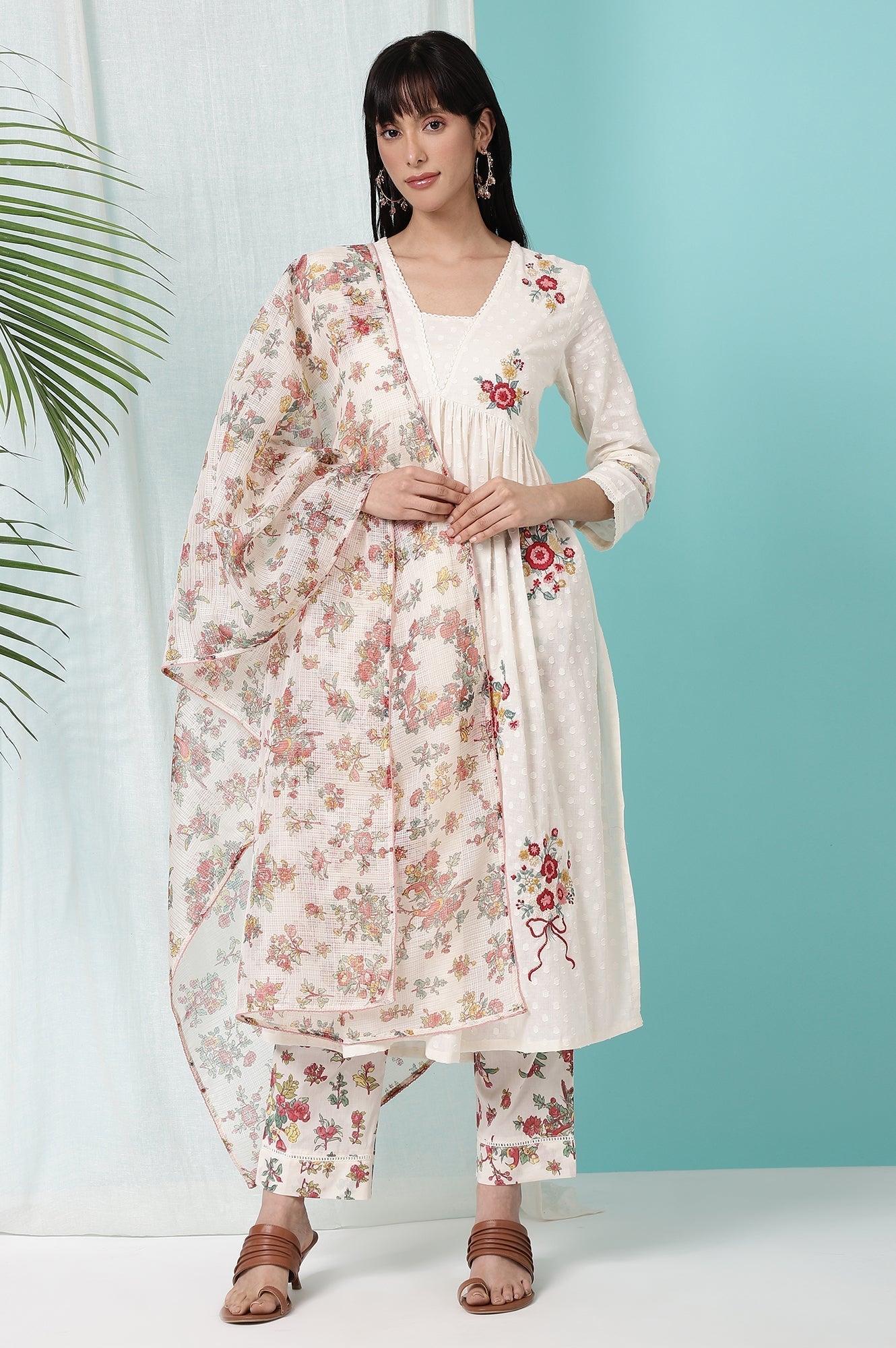 W for Woman White Floral Printed Textured Cotton Kurta, Pants and Dupatta Set