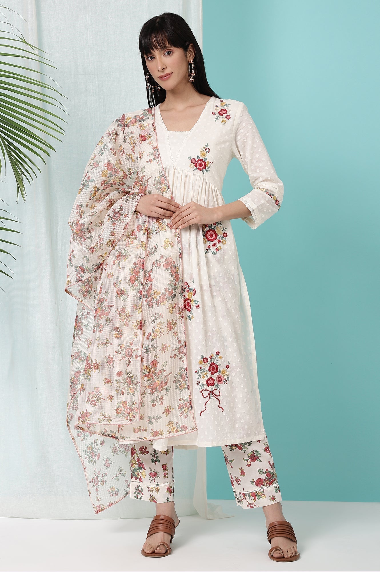 W for Woman White Floral Printed Textured Cotton Kurta, Pants and Dupatta Set