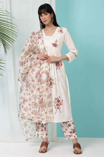 W for Woman White Floral Printed Textured Cotton Kurta, Pants and Dupatta Set