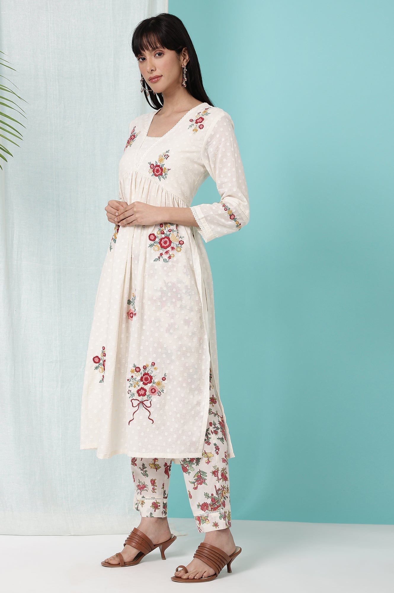 W for Woman White Floral Printed Textured Cotton Kurta, Pants and Dupatta Set