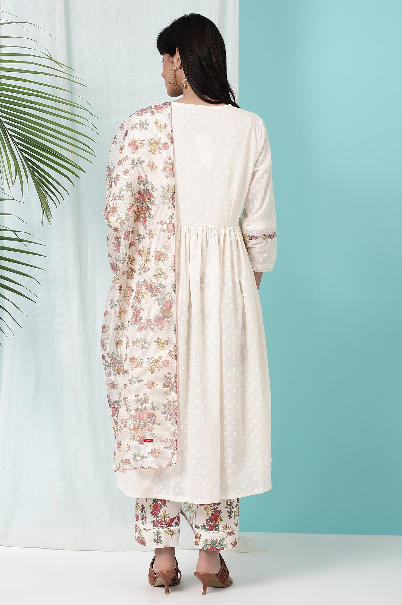 W for Woman White Floral Printed Textured Cotton Kurta, Pants and Dupatta Set