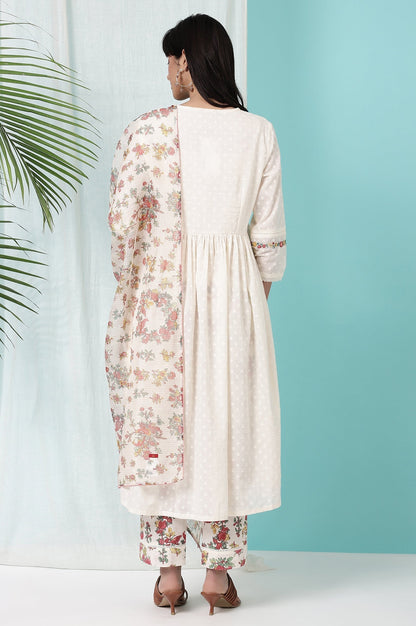 W for Woman White Floral Printed Textured Cotton Kurta, Pants and Dupatta Set