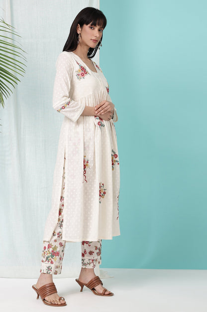 W for Woman White Floral Printed Textured Cotton Kurta, Pants and Dupatta Set