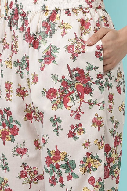 W for Woman White Floral Printed Textured Cotton Kurta, Pants and Dupatta Set