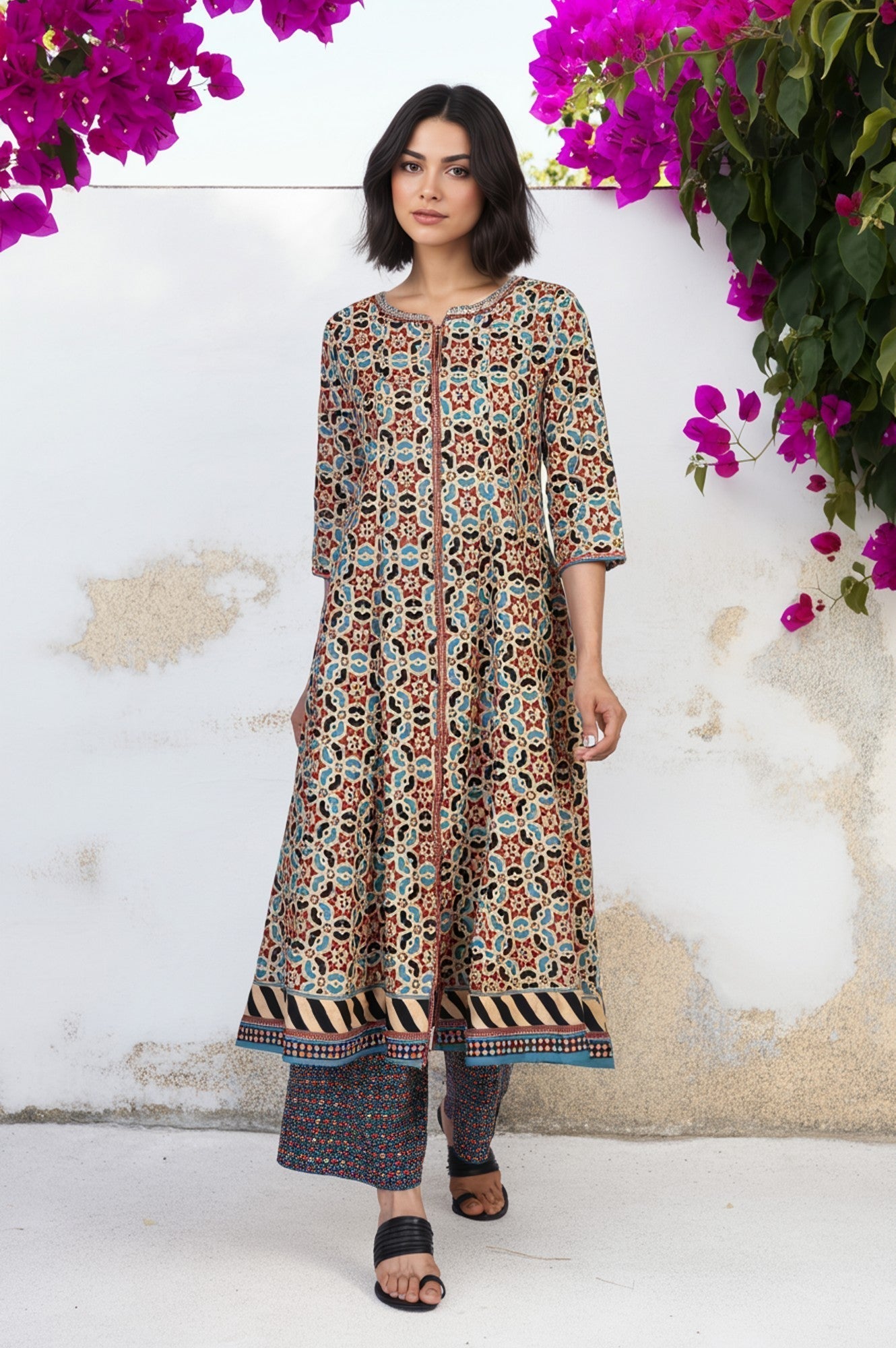 W for Woman Multicolor Geometric printed Flared Cotton Kurta with Parallel Pant Set