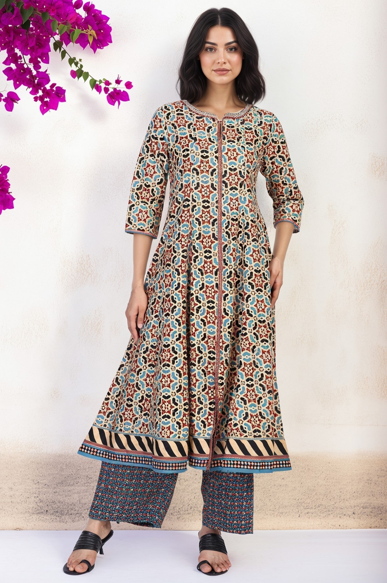 W for Woman Multicolor Geometric printed Flared Cotton Kurta with Parallel Pant Set