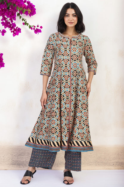 W for Woman Multicolor Geometric printed Flared Cotton Kurta with Parallel Pant Set
