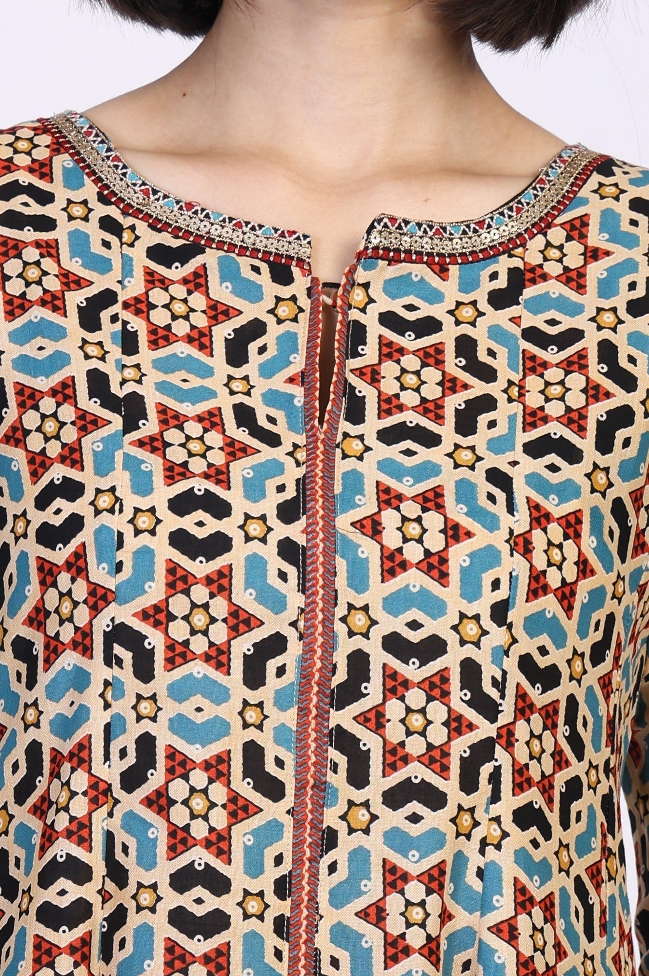 W for Woman Multicolor Geometric printed Flared Cotton Kurta with Parallel Pant Set