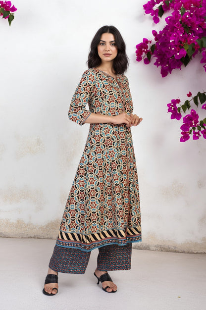 W for Woman Multicolor Geometric printed Flared Cotton Kurta with Parallel Pant Set