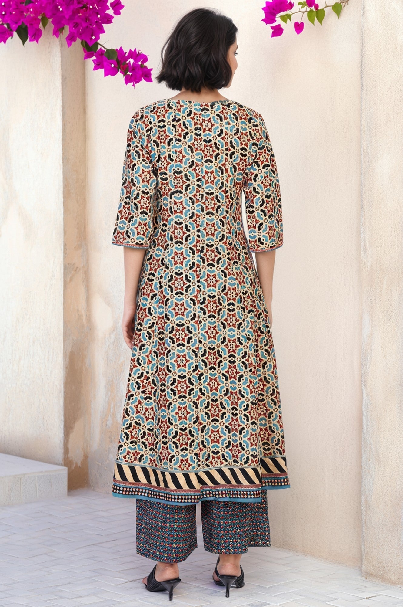 W for Woman Multicolor Geometric printed Flared Cotton Kurta with Parallel Pant Set