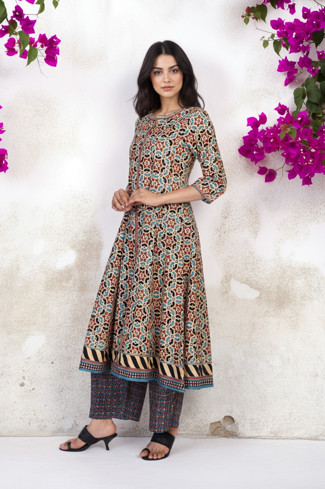 W for Woman Multicolor Geometric printed Flared Cotton Kurta with Parallel Pant Set