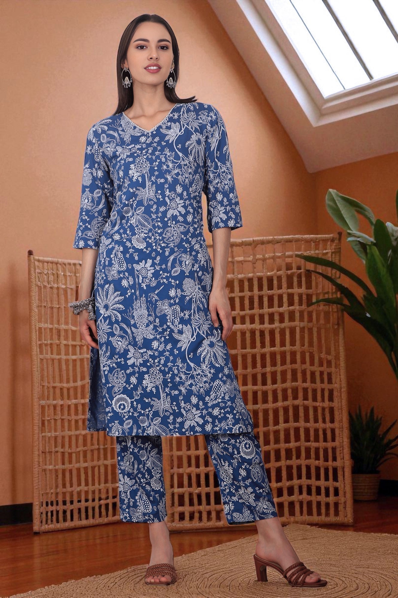 W for Woman Blue Floral Printed Modal Straight Kurta and Pants Co-ord Set