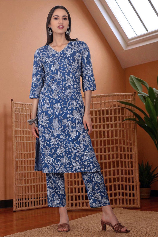 W for Woman Blue Floral Printed Modal Straight Kurta and Pants Co-ord Set