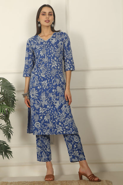W for Woman Blue Floral Printed Modal Straight Kurta and Pants Co-ord Set