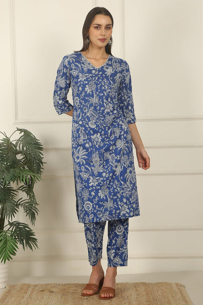 W for Woman Blue Floral Printed Modal Straight Kurta and Pants Co-ord Set