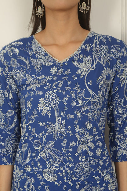 W for Woman Blue Floral Printed Modal Straight Kurta and Pants Co-ord Set