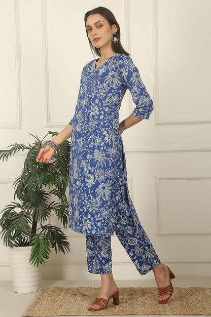 W for Woman Blue Floral Printed Modal Straight Kurta and Pants Co-ord Set