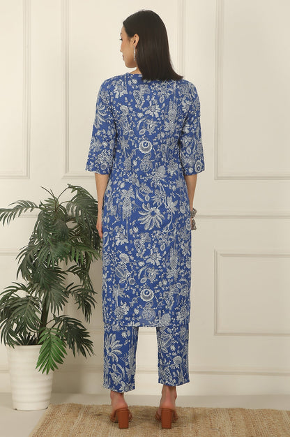 W for Woman Blue Floral Printed Modal Straight Kurta and Pants Co-ord Set