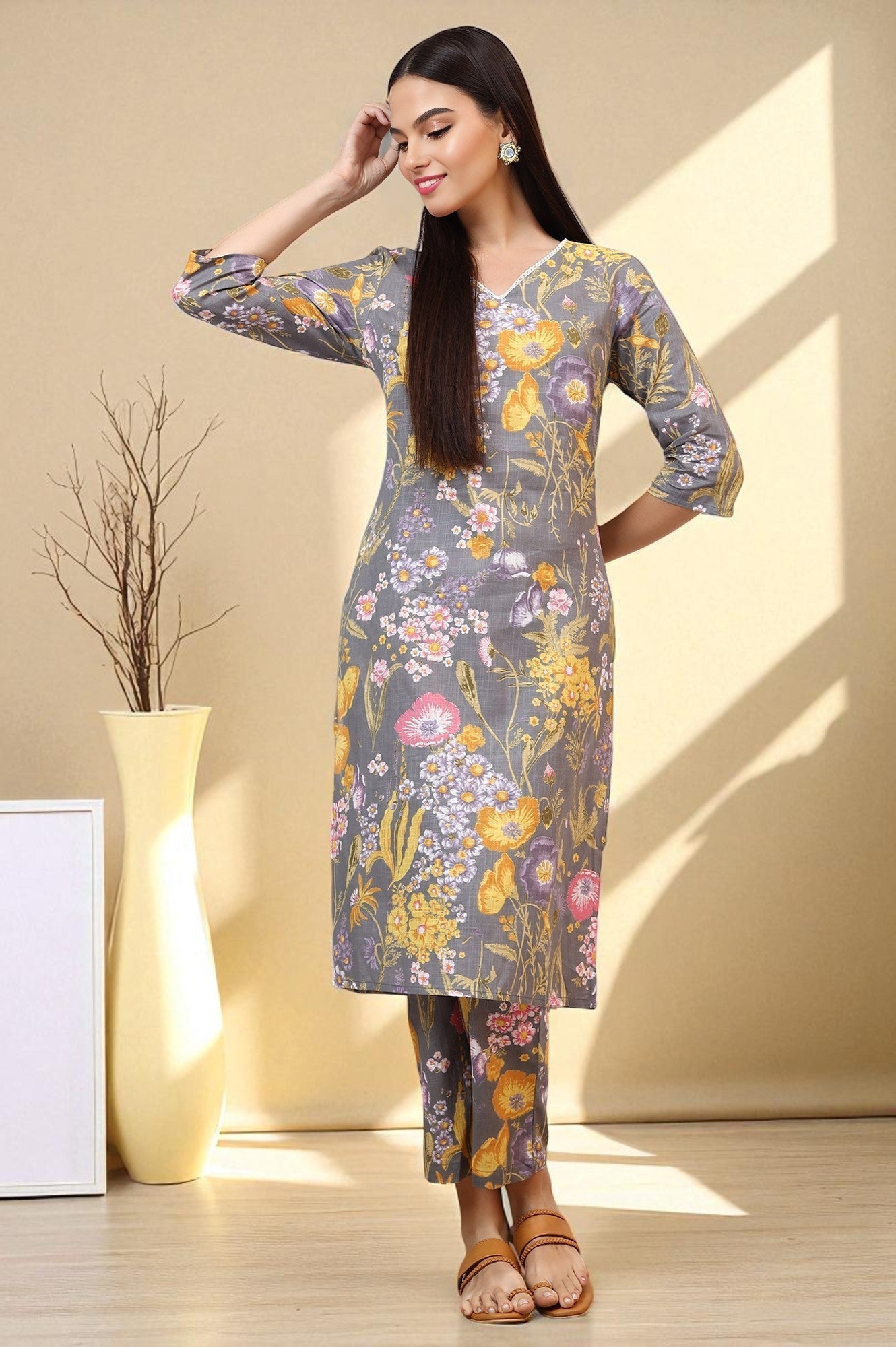 W for Woman Grey Floral Printed Pure Cotton Straight Kurta and Pants Co-ord Set