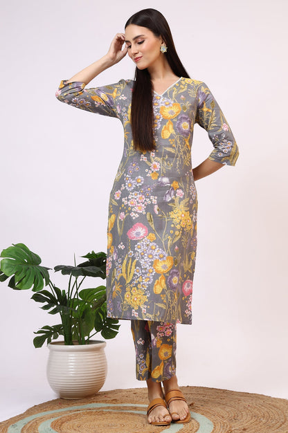 W for Woman Grey Floral Printed Pure Cotton Straight Kurta and Pants Co-ord Set