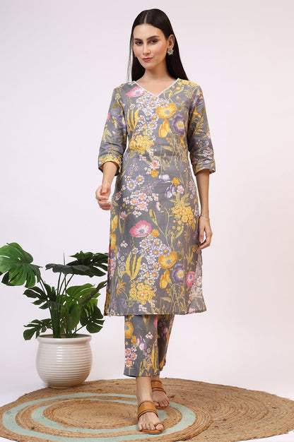 W for Woman Grey Floral Printed Pure Cotton Straight Kurta and Pants Co-ord Set