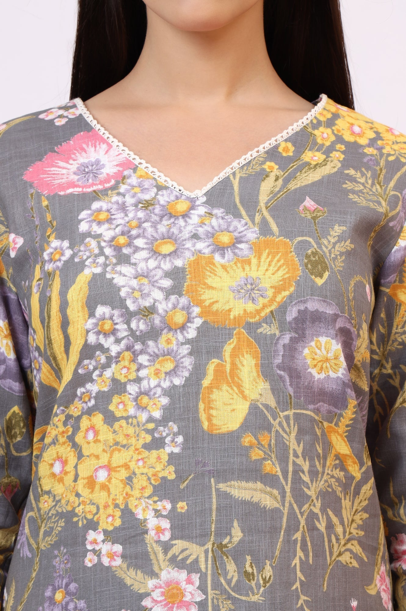 W for Woman Grey Floral Printed Pure Cotton Straight Kurta and Pants Co-ord Set