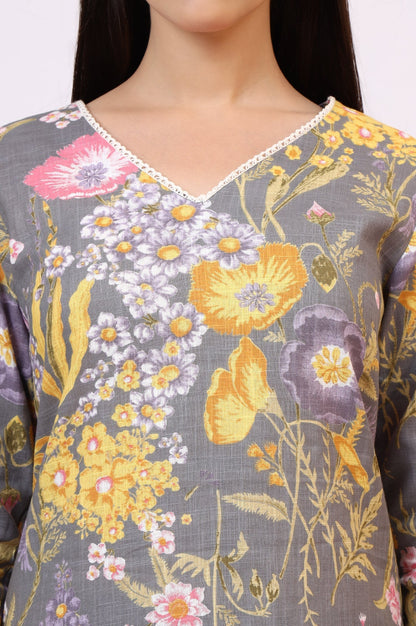 W for Woman Grey Floral Printed Pure Cotton Straight Kurta and Pants Co-ord Set