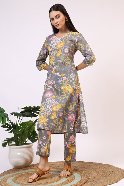 W for Woman Grey Floral Printed Pure Cotton Straight Kurta and Pants Co-ord Set