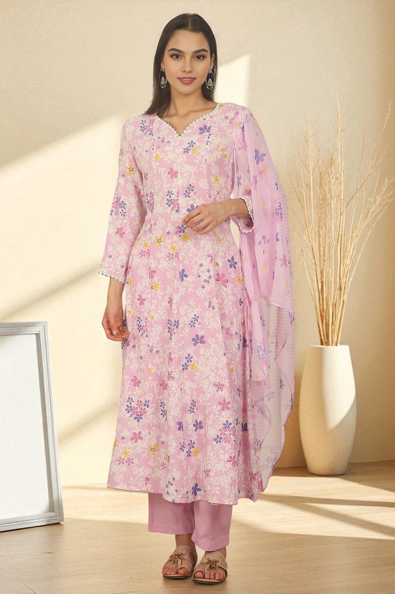 W for Woman Pink Floral Printed Flared Rayon Kurta, Pants and Dupatta Set