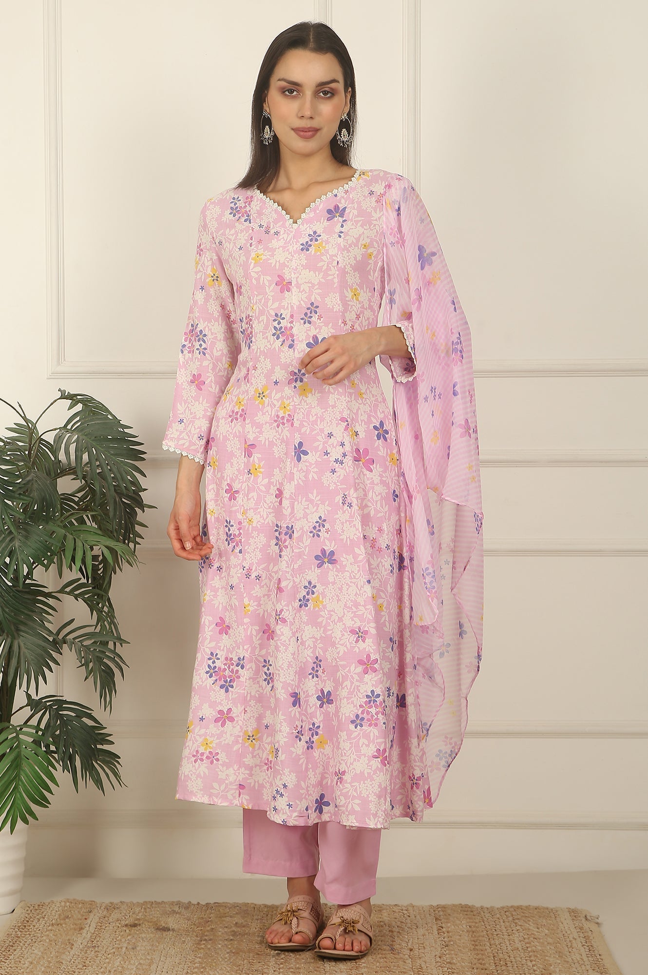 W for Woman Pink Floral Printed Flared Rayon Kurta, Pants and Dupatta Set