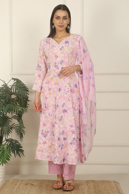 W for Woman Pink Floral Printed Flared Rayon Kurta, Pants and Dupatta Set