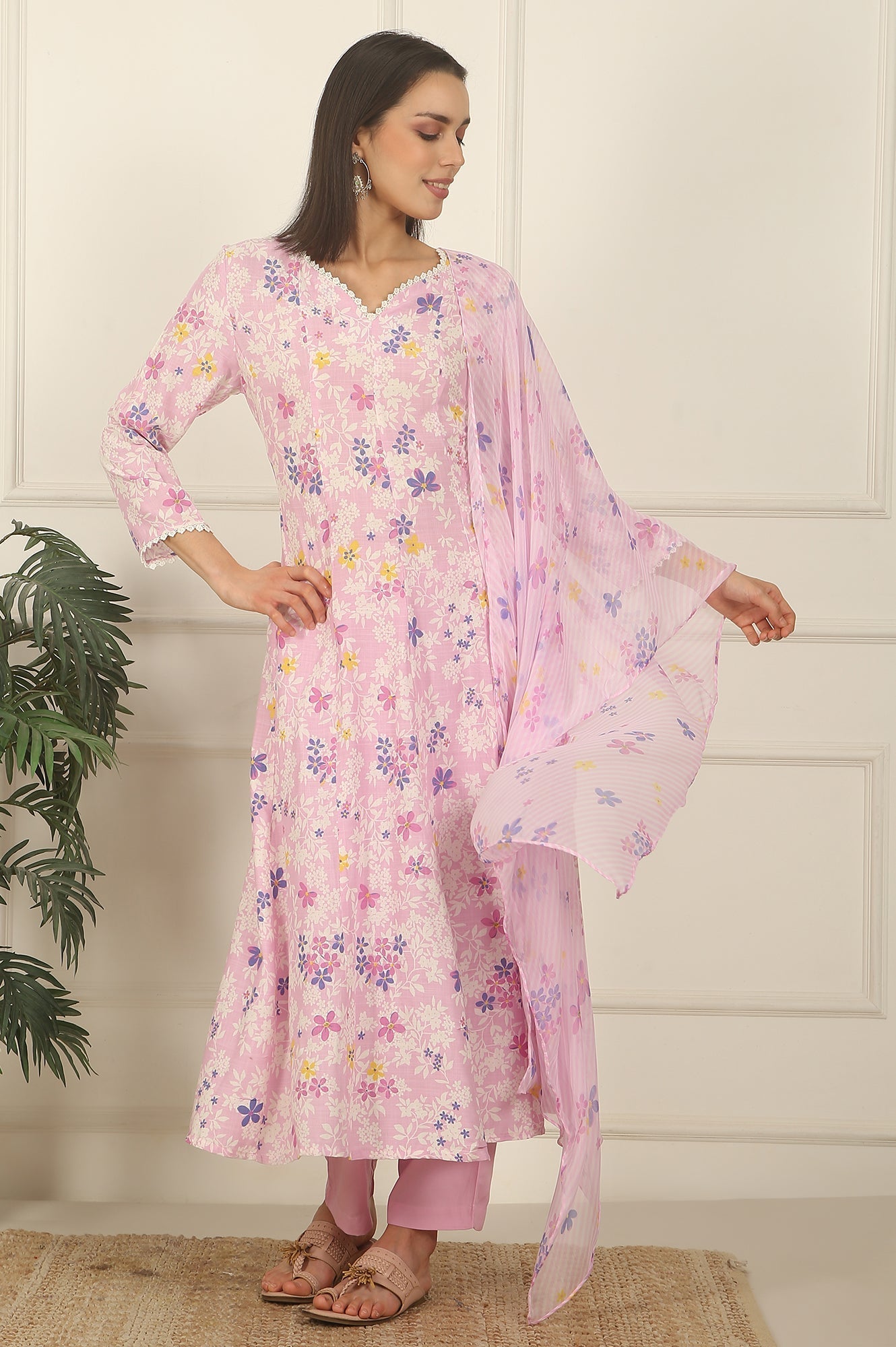 W for Woman Pink Floral Printed Flared Rayon Kurta, Pants and Dupatta Set