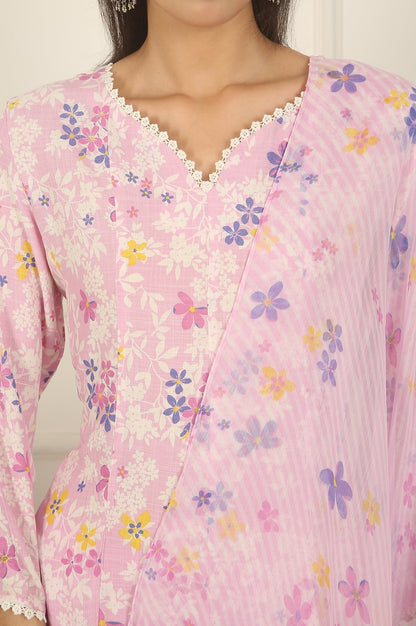 W for Woman Pink Floral Printed Flared Rayon Kurta, Pants and Dupatta Set
