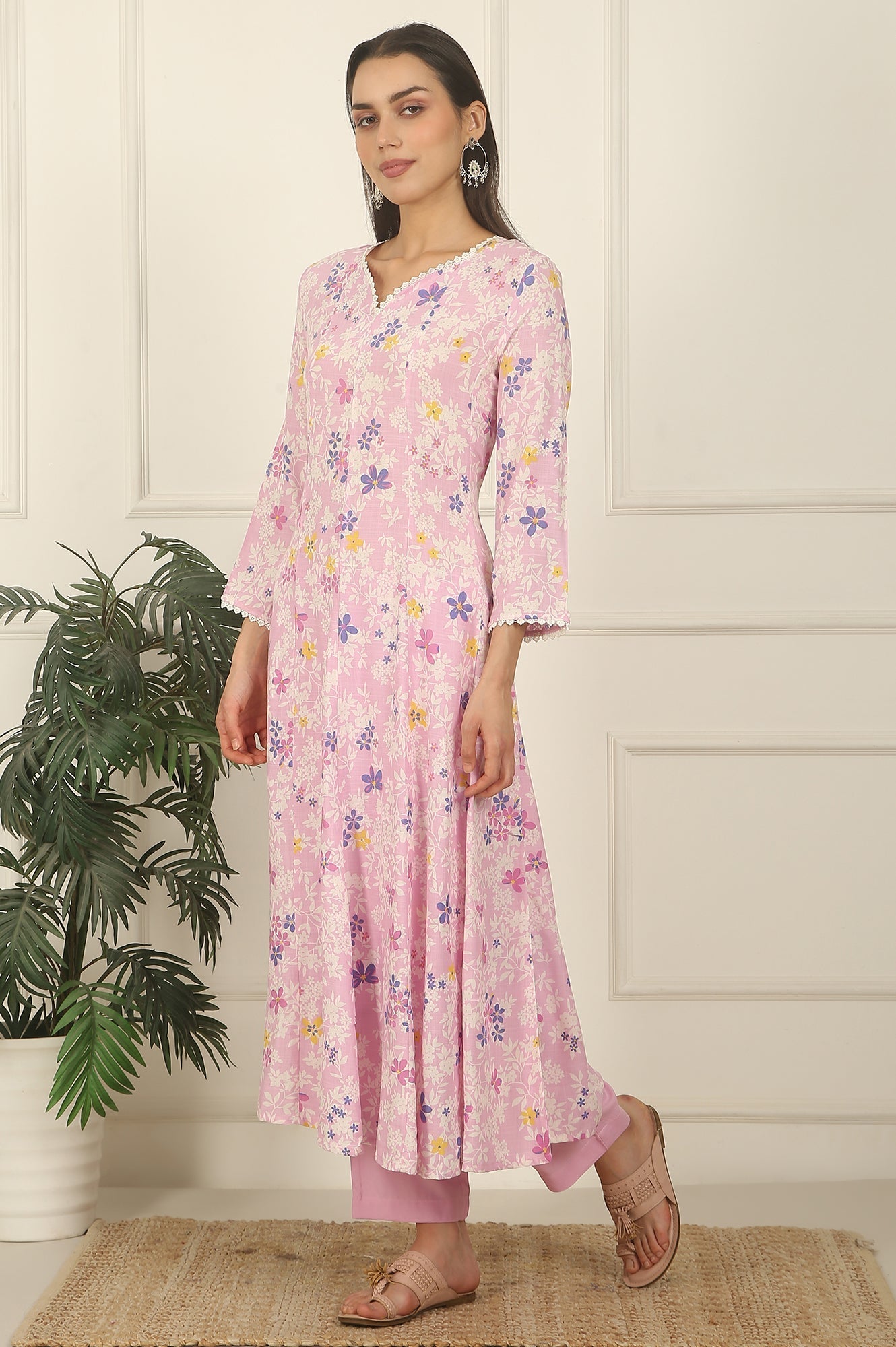 W for Woman Pink Floral Printed Flared Rayon Kurta, Pants and Dupatta Set