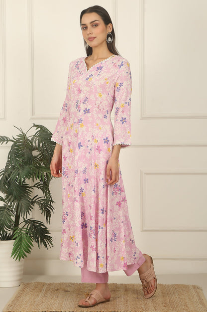 W for Woman Pink Floral Printed Flared Rayon Kurta, Pants and Dupatta Set