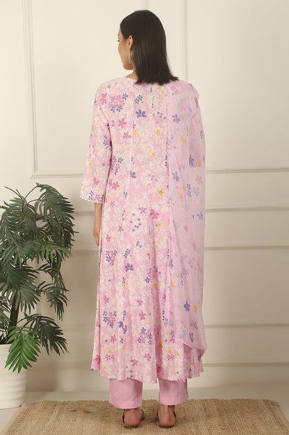 W for Woman Pink Floral Printed Flared Rayon Kurta, Pants and Dupatta Set