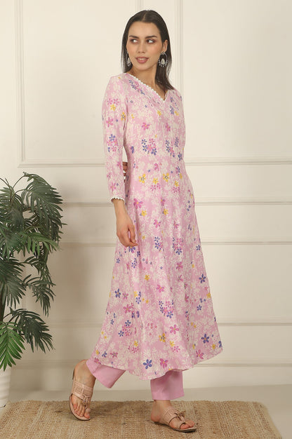 W for Woman Pink Floral Printed Flared Rayon Kurta, Pants and Dupatta Set