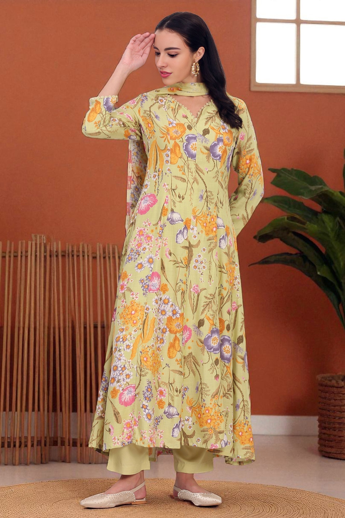 W for Woman Light Green Floral Printed Rayon Anarkali Kurta, Pant and Dupatta Set