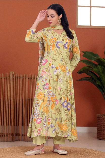 W for Woman Light Green Floral Printed Rayon Anarkali Kurta, Pant and Dupatta Set