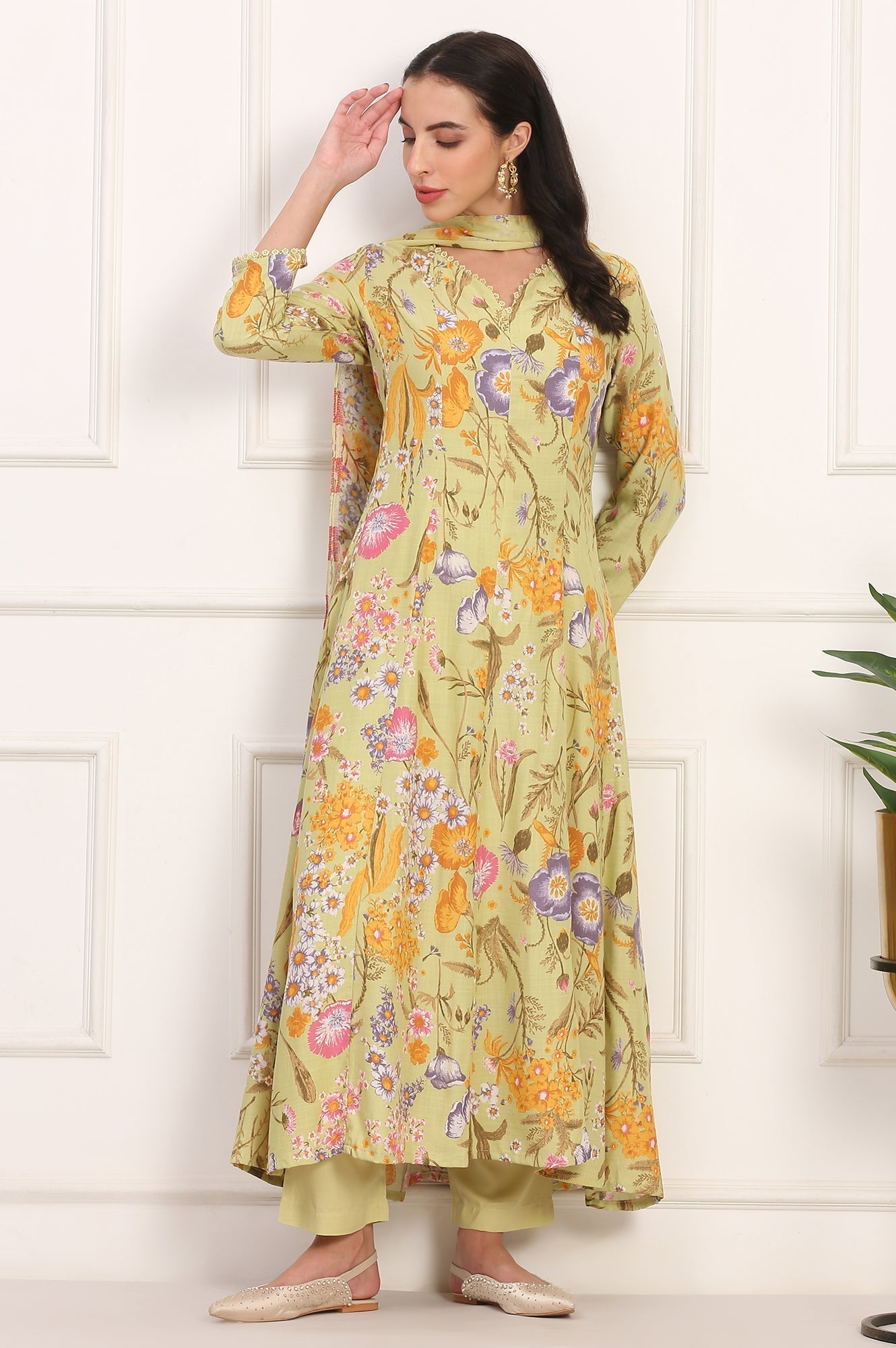 W for Woman Light Green Floral Printed Rayon Anarkali Kurta, Pant and Dupatta Set