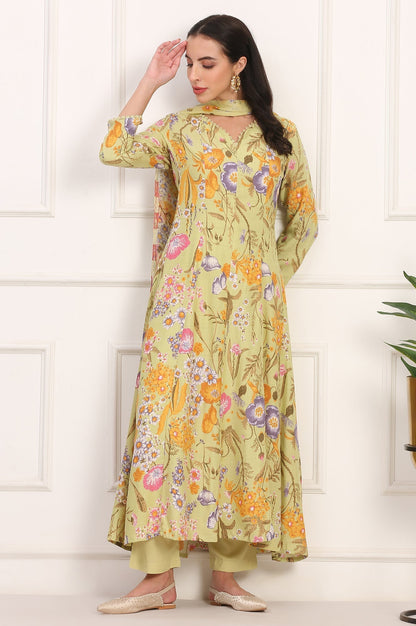 W for Woman Light Green Floral Printed Rayon Anarkali Kurta, Pant and Dupatta Set