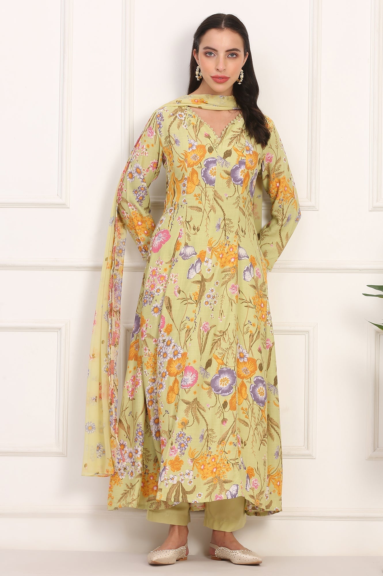 W for Woman Light Green Floral Printed Rayon Anarkali Kurta, Pant and Dupatta Set