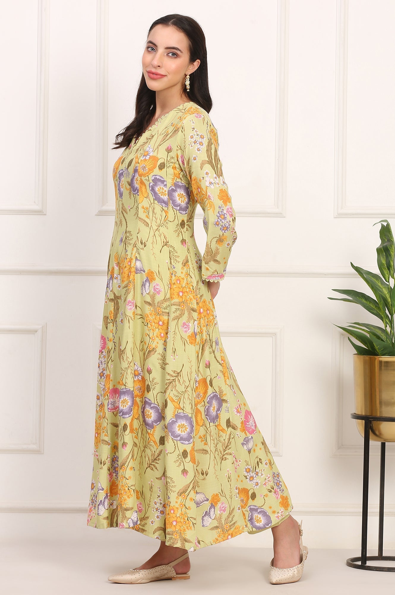 W for Woman Light Green Floral Printed Rayon Anarkali Kurta, Pant and Dupatta Set