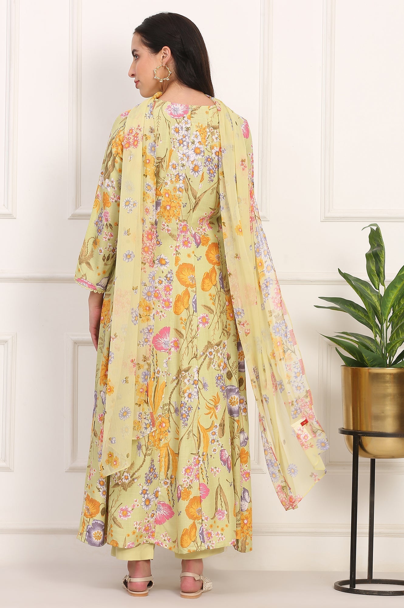 W for Woman Light Green Floral Printed Rayon Anarkali Kurta, Pant and Dupatta Set