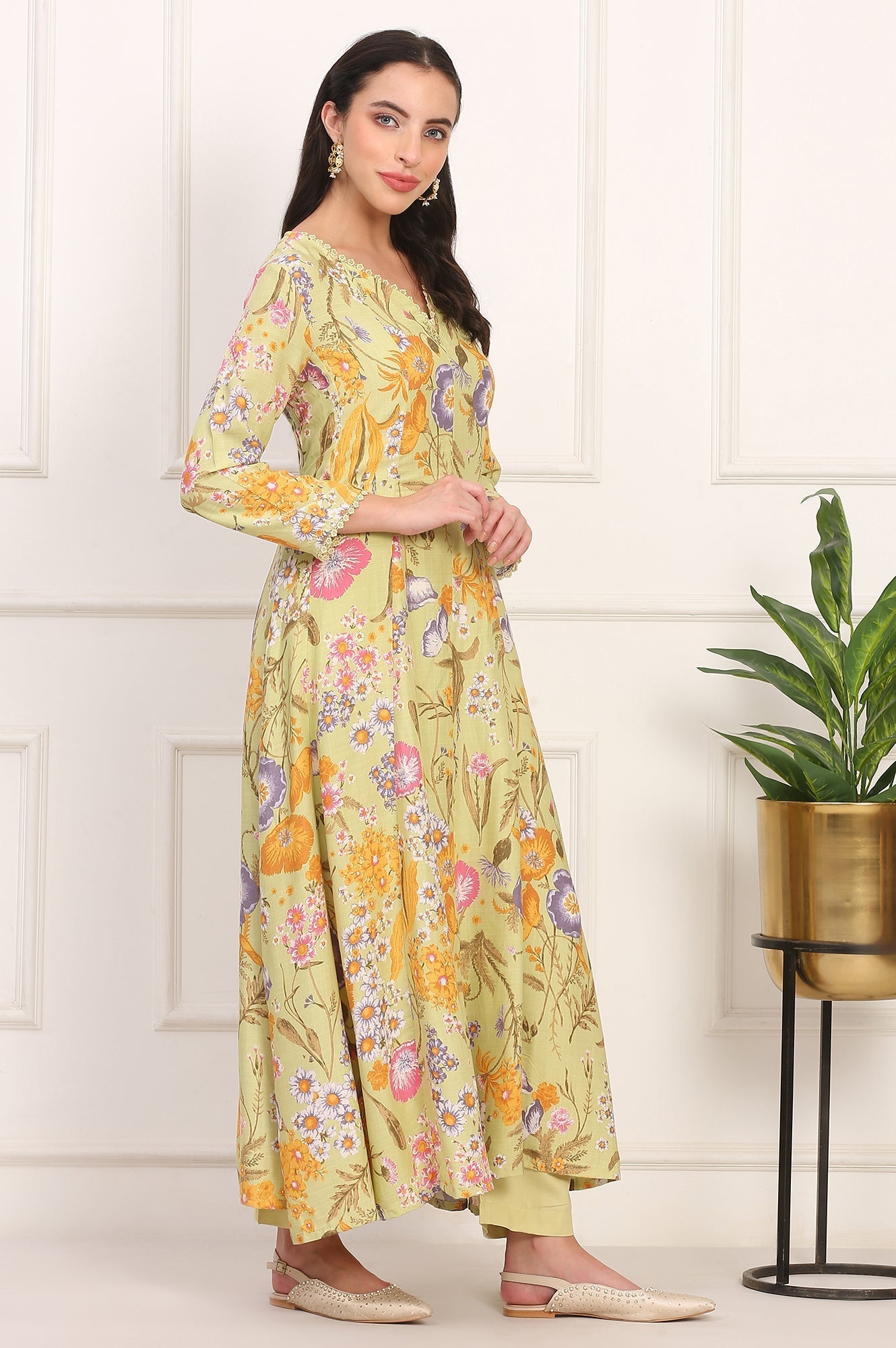W for Woman Light Green Floral Printed Rayon Anarkali Kurta, Pant and Dupatta Set