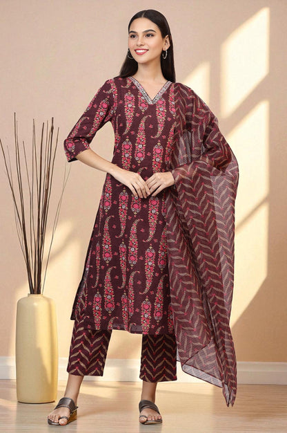 W for Woman Wine Floral Printed Pure Cotton Straight Kurta and Pants Co-ord Set with Dupatta