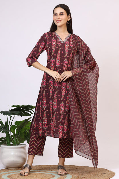 W for Woman Wine Floral Printed Pure Cotton Straight Kurta and Pants Co-ord Set with Dupatta