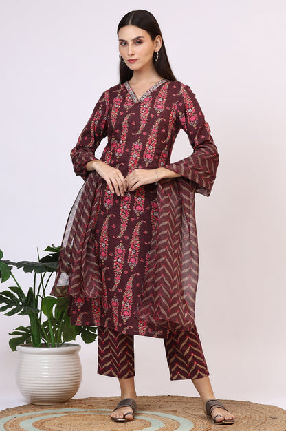 W for Woman Wine Floral Printed Pure Cotton Straight Kurta and Pants Co-ord Set with Dupatta